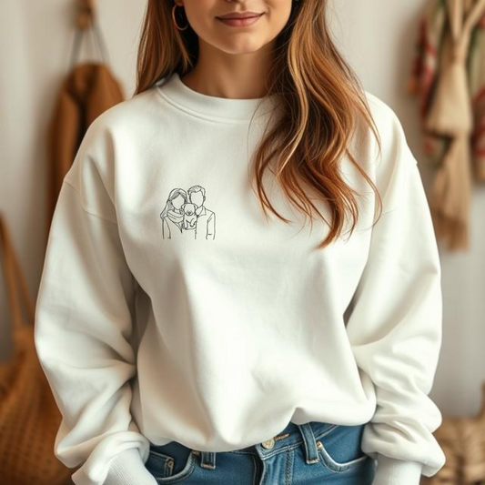A woman wearing a white sweatshirt with a embroidered outline of a photo on the front.